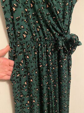 Kaileigh Cheetah Print Jumpsuit w/ Waist Tie, Large, Green/Pink/Black